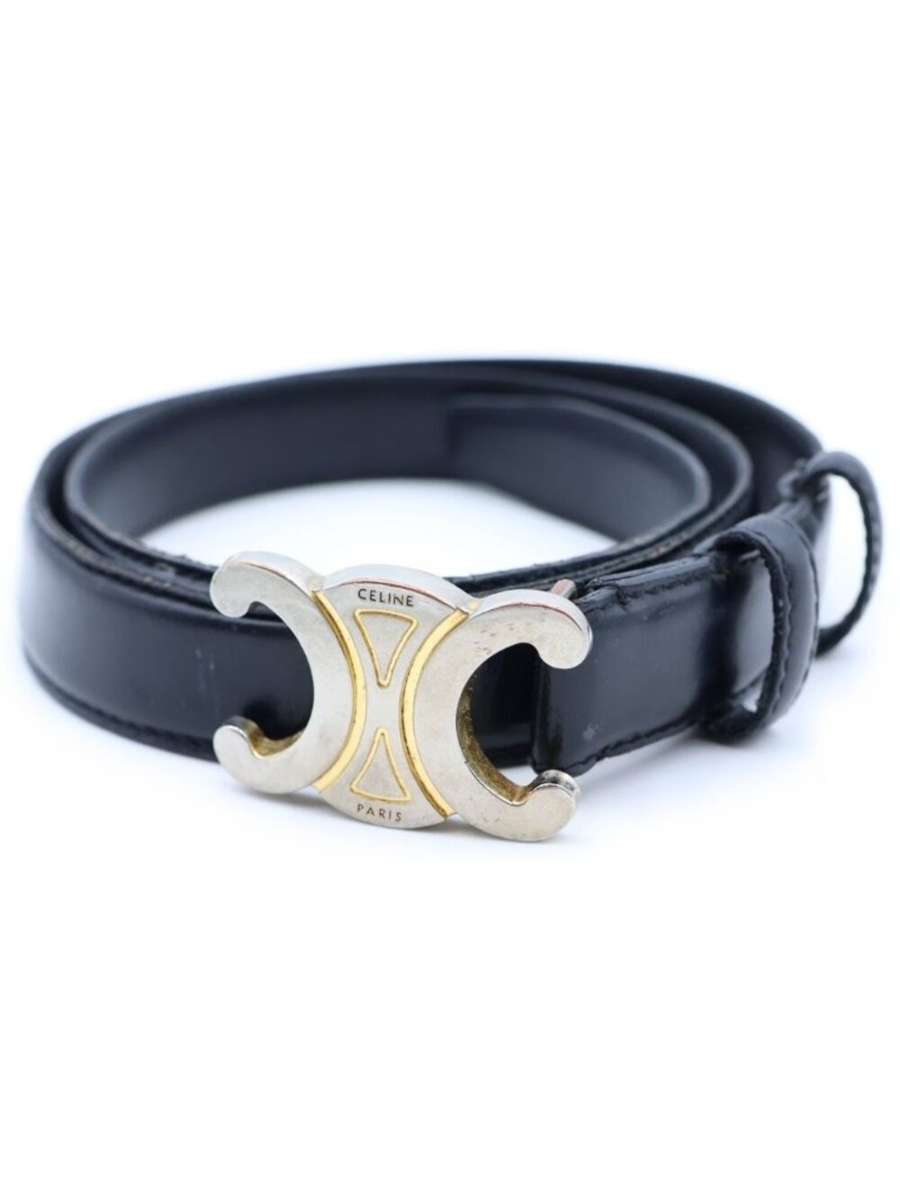 Celine Triomphe Leather Belt Medium Gold Black Smooth 80
